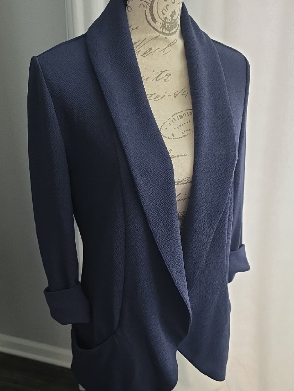 Tailored Navy Open-Front Blazer with Shawl Collar - Picture 2 of 5